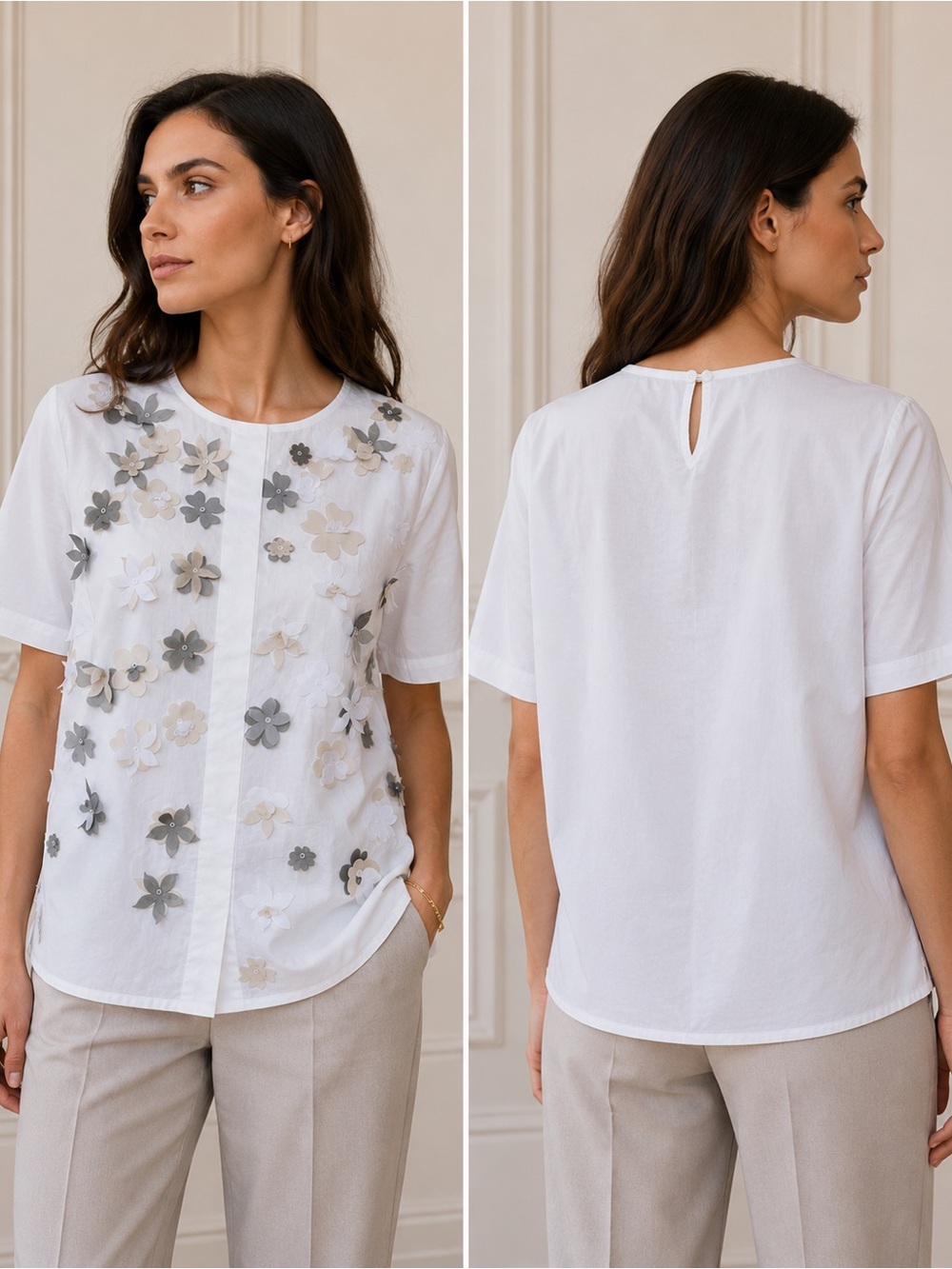 Peserico Italy White Cotton 3D Floral Applique Top Blouse IT 44 US 8 Short Sleev